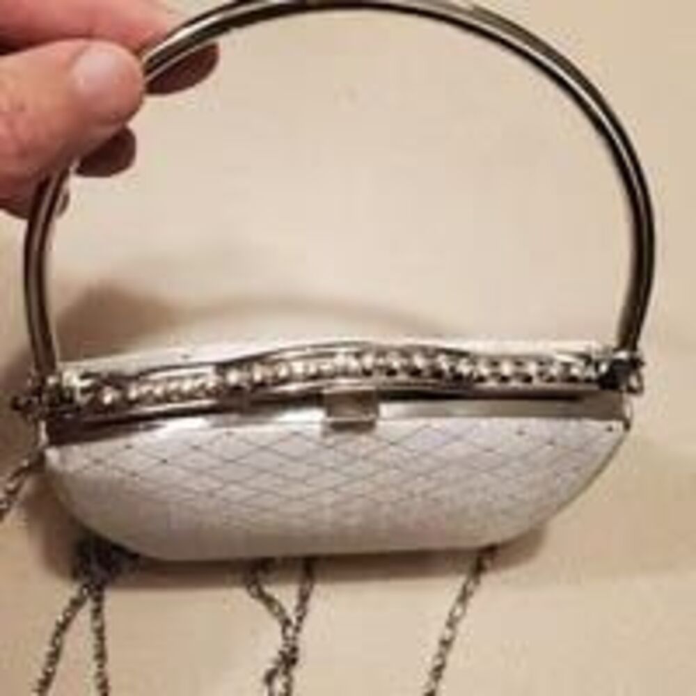 Clutch bag silver satin with crystals across top and beautiful chain strap